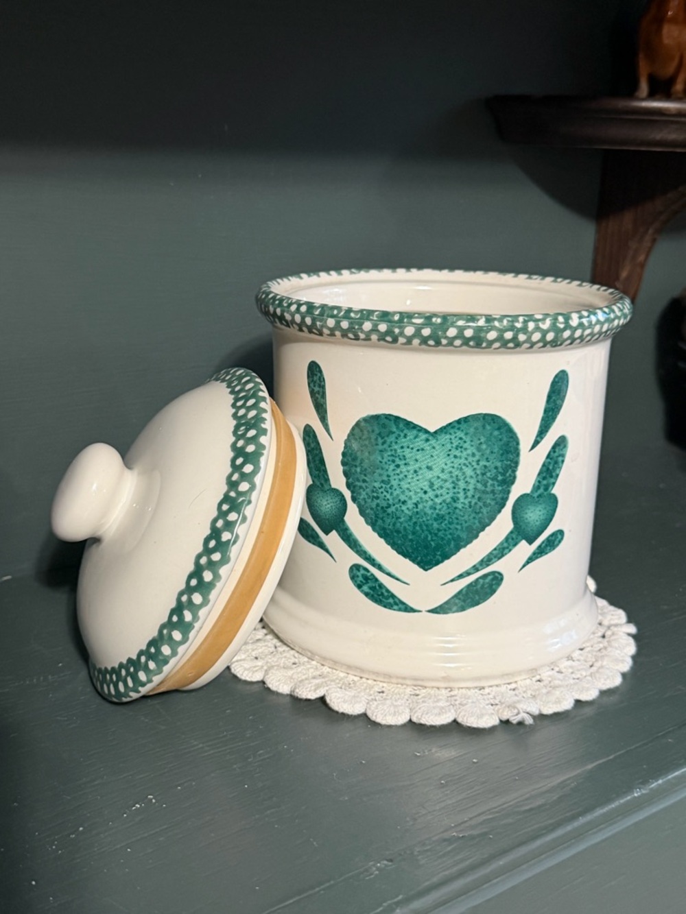 White vintage Corral green country heart Ceramic Canister with Teal Heart Motif